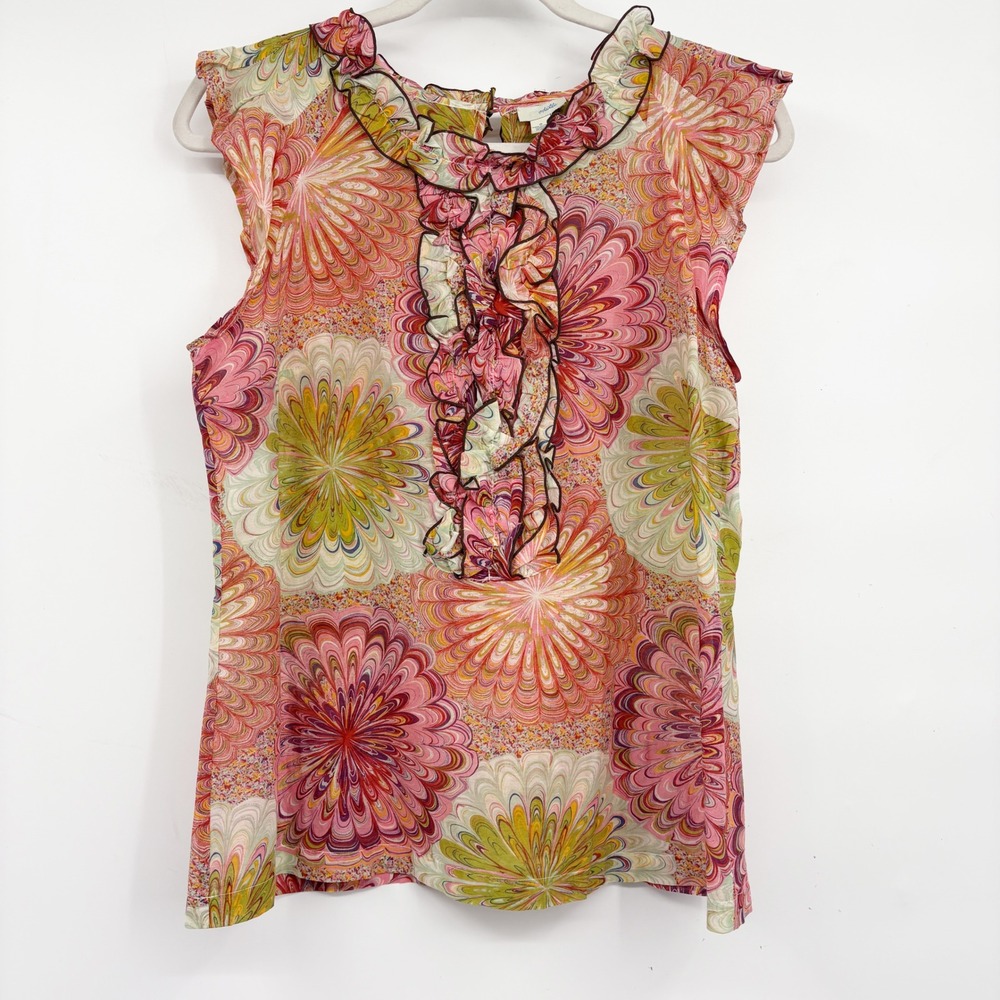 Odille Anthropologie Womens Ruffle Psychedelic Boho Paisley Floral Blouse Size 8